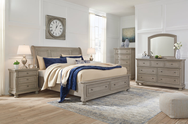 Lettner Queen Sleigh Bed with 2 Storage Drawers with Mirrored Dresser, Chest and 2 Nightstands in Light Gray from Ashley - Lara Furniture