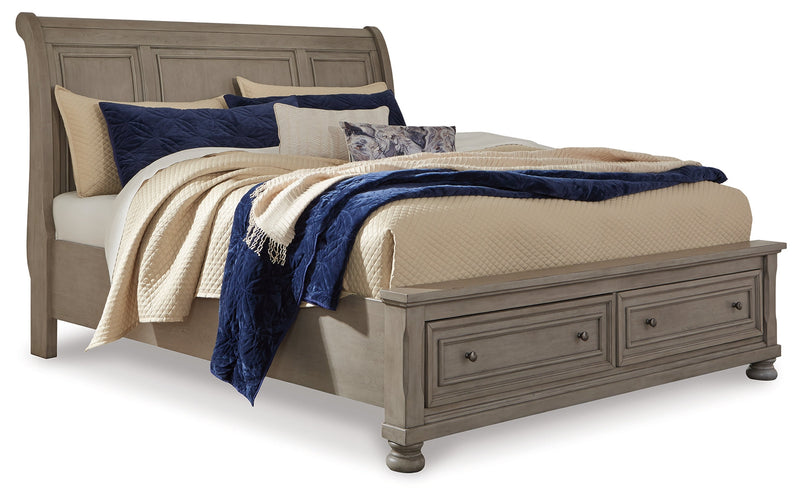 Lettner Queen Sleigh Bed with 2 Storage Drawers with Mirrored Dresser, Chest and Nightstand in Light Gray from Ashley - Lara Furniture