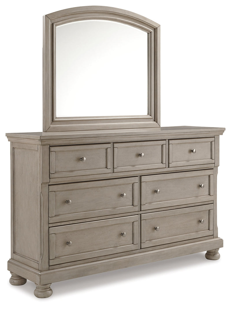 Lettner Queen Sleigh Bed with 2 Storage Drawers with Mirrored Dresser, Chest and Nightstand in Light Gray from Ashley - Lara Furniture
