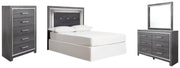 Lodanna Full Upholstered Panel Headboard Bed with Mirrored Dresser and Chest in Gray from Ashley - Lara Furniture