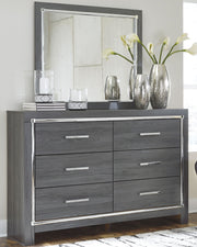 Lodanna Full Upholstered Panel Headboard Bed with Mirrored Dresser, Chest and 2 Nightstands in Gray from Ashley - Lara Furniture