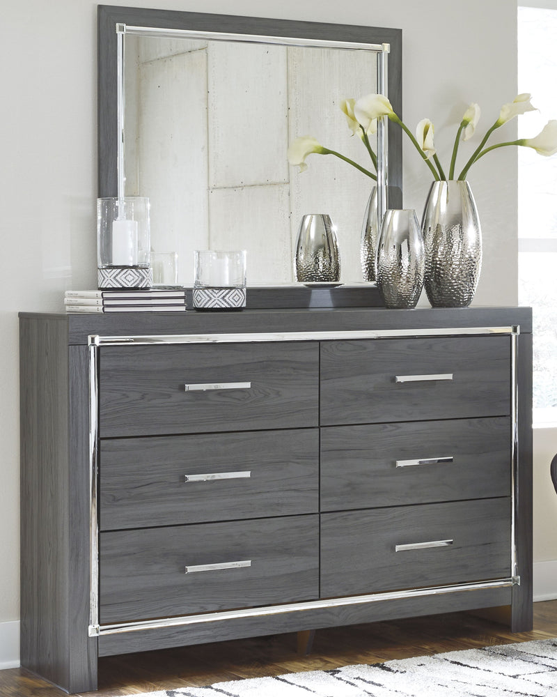 Lodanna Full Upholstered Panel Headboard Bed with Mirrored Dresser, Chest and 2 Nightstands in Gray from Ashley - Lara Furniture