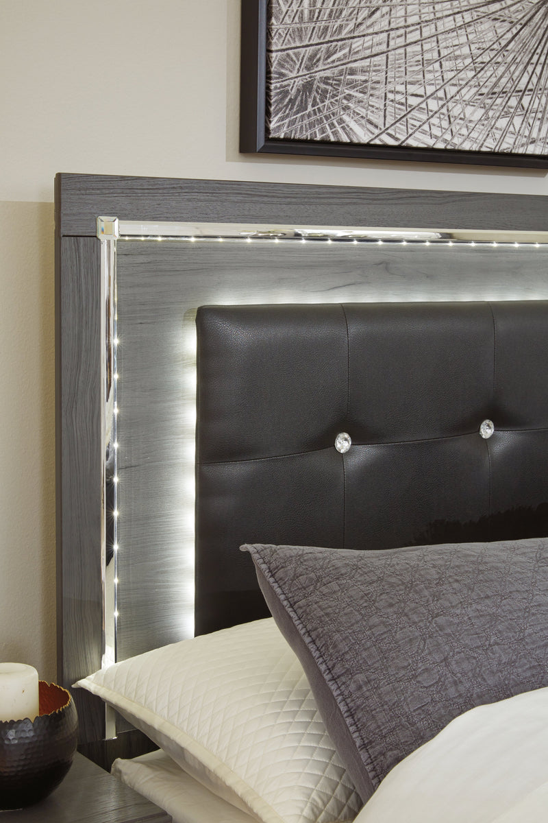Lodanna Full Upholstered Panel Headboard Bed with Mirrored Dresser, Chest and 2 Nightstands in Gray from Ashley - Lara Furniture