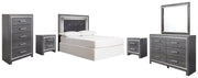 Lodanna Full Upholstered Panel Headboard Bed with Mirrored Dresser, Chest and 2 Nightstands in Gray from Ashley - Lara Furniture