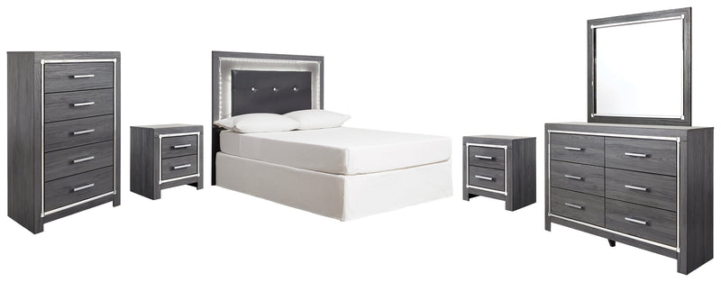 Lodanna Full Upholstered Panel Headboard Bed with Mirrored Dresser, Chest and 2 Nightstands in Gray from Ashley - Lara Furniture