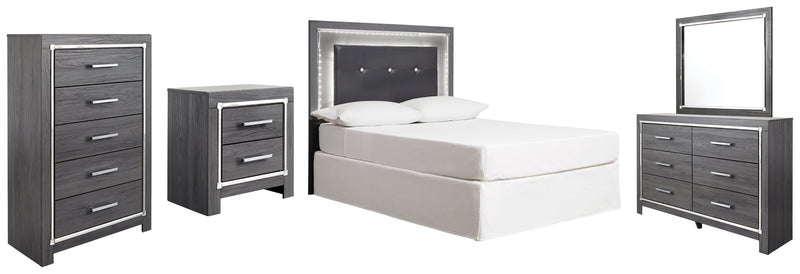 Lodanna Full Upholstered Panel Headboard Bed with Mirrored Dresser, Chest and Nightstand in Gray from Ashley - Lara Furniture