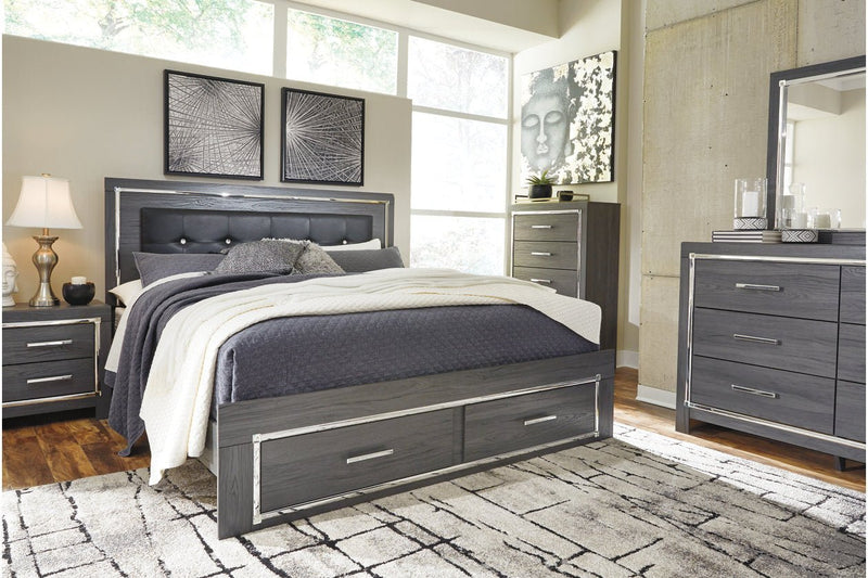 Lodanna Gray King Panel Bed with 2 Storage Drawers - Lara FurnitureKing Bed