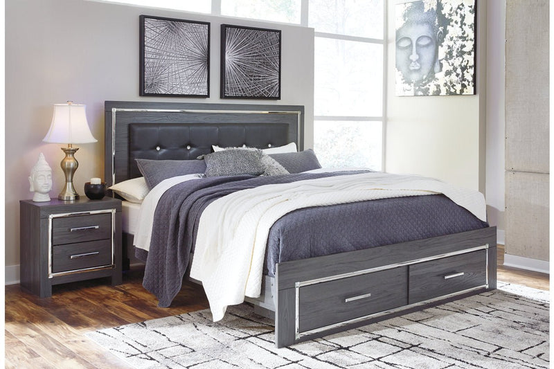 Lodanna Gray King Panel Bed with 2 Storage Drawers - Lara FurnitureKing Bed