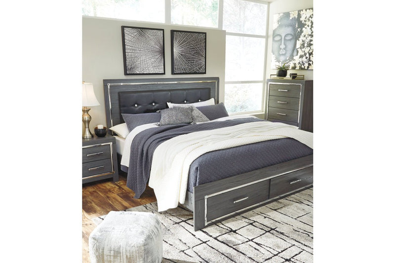 Lodanna Gray King Panel Bed with 2 Storage Drawers - Lara FurnitureKing Bed