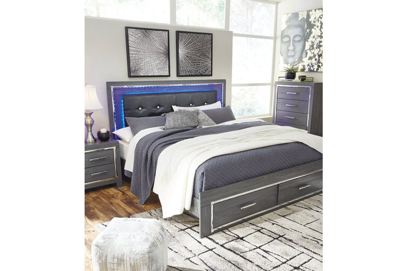 Lodanna Gray King Panel Bed with 2 Storage Drawers - Lara FurnitureKing Bed