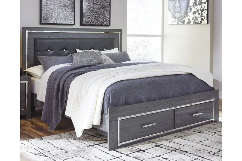 Lodanna Gray King Panel Bed with 2 Storage Drawers - Lara FurnitureKing Bed