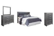 Lodanna King/California King Upholstered Panel Headboard Bed with Mirrored Dresser and Chest in Gray - PKG003494