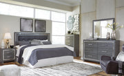 Lodanna King/California King Upholstered Panel Headboard Bed with Mirrored Dresser and Chest in Gray - PKG003494