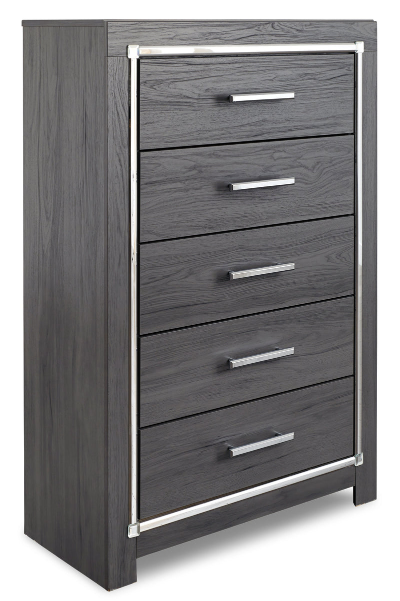 Lodanna King/California King Upholstered Panel Headboard Bed with Mirrored Dresser, Chest and 2 Nightstands in Gray - PKG003496