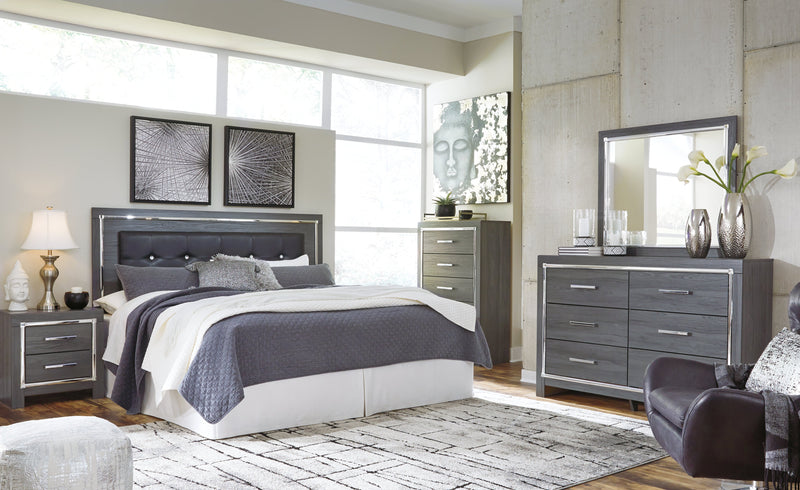 Lodanna King/California King Upholstered Panel Headboard Bed with Mirrored Dresser, Chest and Nightstand in Gray from Ashley - Lara Furniture