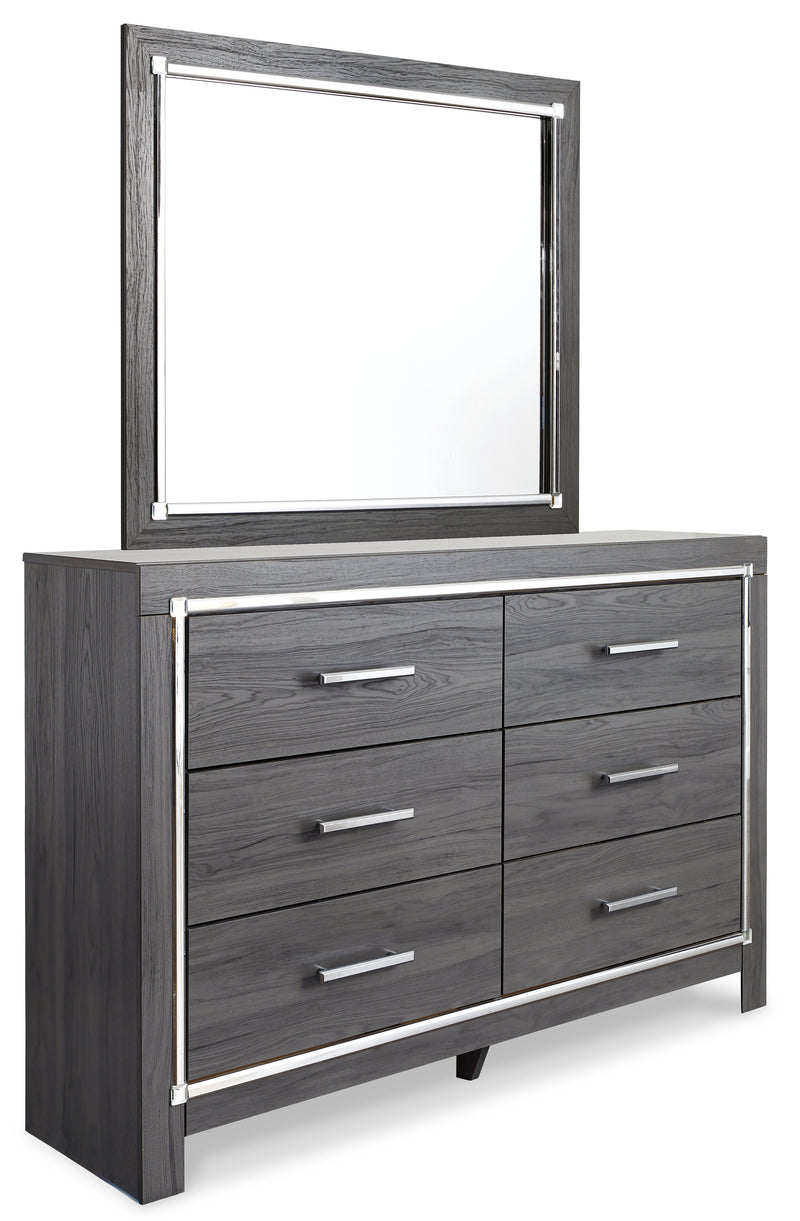 Lodanna King/California King Upholstered Panel Headboard Bed with Mirrored Dresser, Chest and Nightstand in Gray from Ashley - Lara Furniture