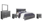 Lodanna King Panel Bed with 2 Storage Drawers with Mirrored Dresser and 2 Nightstands in Gray - PKG003568