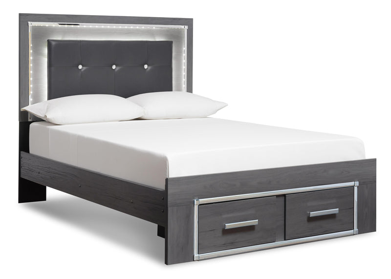 Lodanna King Panel Bed with 2 Storage Drawers with Mirrored Dresser and 2 Nightstands in Gray - PKG003568