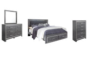 Lodanna King Panel Bed with 2 Storage Drawers with Mirrored Dresser and Chest in Gray - PKG003572