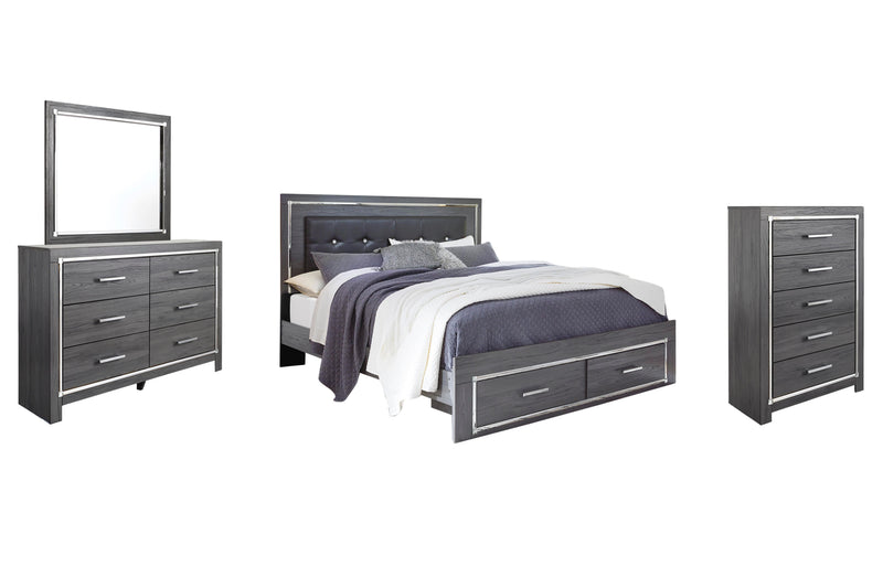 Lodanna King Panel Bed with 2 Storage Drawers with Mirrored Dresser and Chest in Gray - PKG003572