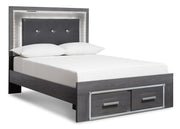 Lodanna King Panel Bed with 2 Storage Drawers with Mirrored Dresser and Chest in Gray - PKG003572