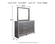 Lodanna King Panel Bed with 2 Storage Drawers with Mirrored Dresser and Chest in Gray - PKG003591