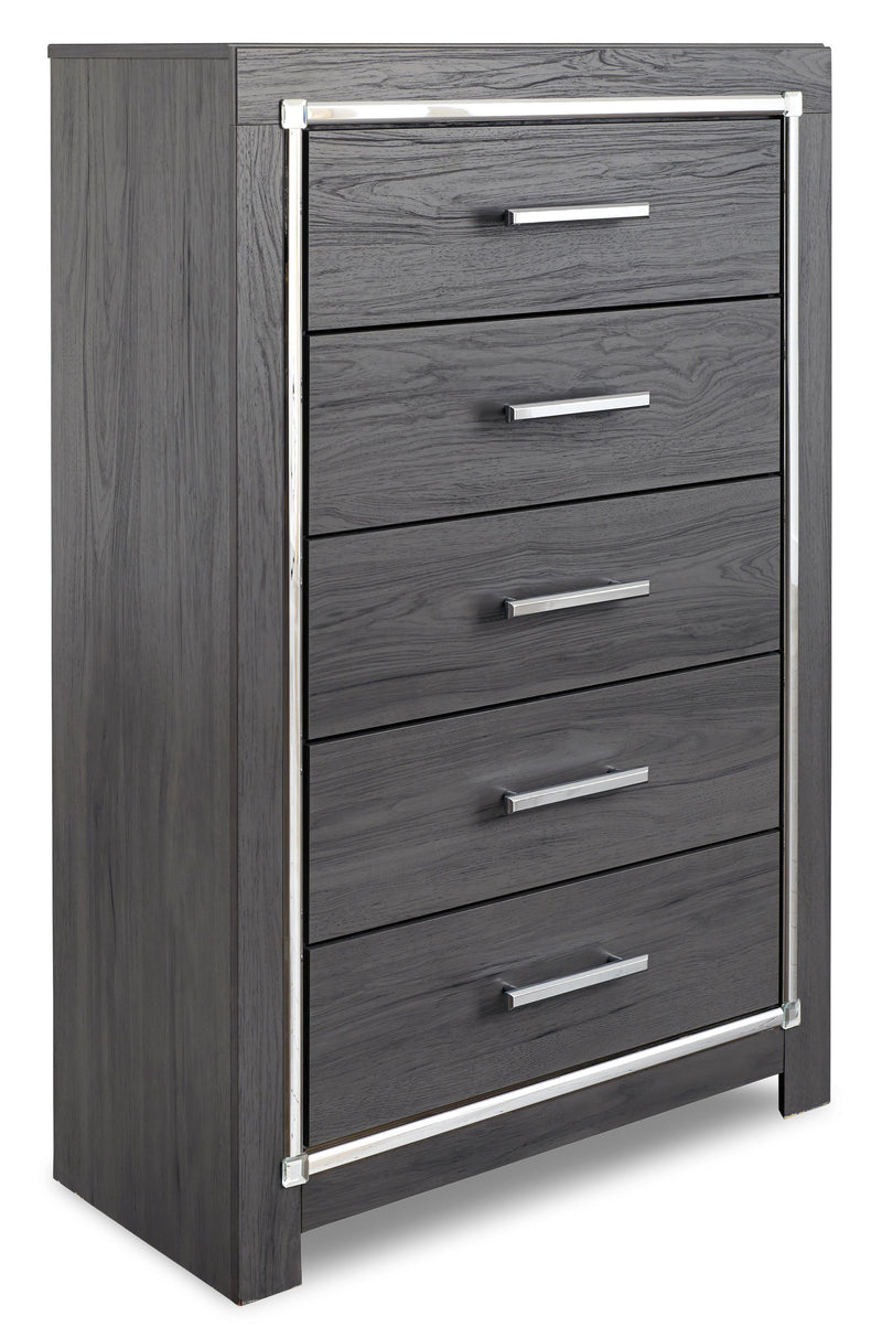 Lodanna King Panel Bed with 2 Storage Drawers with Mirrored Dresser and Chest in Gray - PKG003591