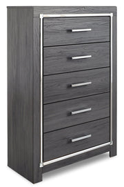 Lodanna King Panel Bed with 2 Storage Drawers with Mirrored Dresser, Chest and 2 Nightstands in Gray - PKG003577