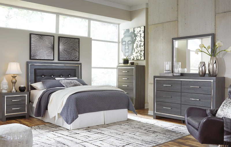 Lodanna Queen/Full Upholstered Panel Headboard Bed with Mirrored Dresser and 2 Nightstands in Gray - PKG003487