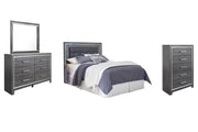 Lodanna Queen/Full Upholstered Panel Headboard Bed with Mirrored Dresser and Chest in Gray - PKG003488