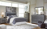 Lodanna Queen/Full Upholstered Panel Headboard Bed with Mirrored Dresser and Chest in Gray - PKG003488
