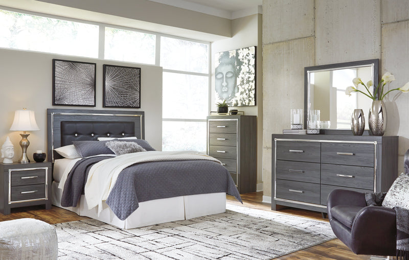 Lodanna Queen/Full Upholstered Panel Headboard Bed with Mirrored Dresser, Chest and Nightstand in Gray from Ashley - Lara Furniture