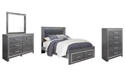 Lodanna Queen Panel Bed with 2 Storage Drawers with Mirrored Dresser and Chest in Gray - PKG003585