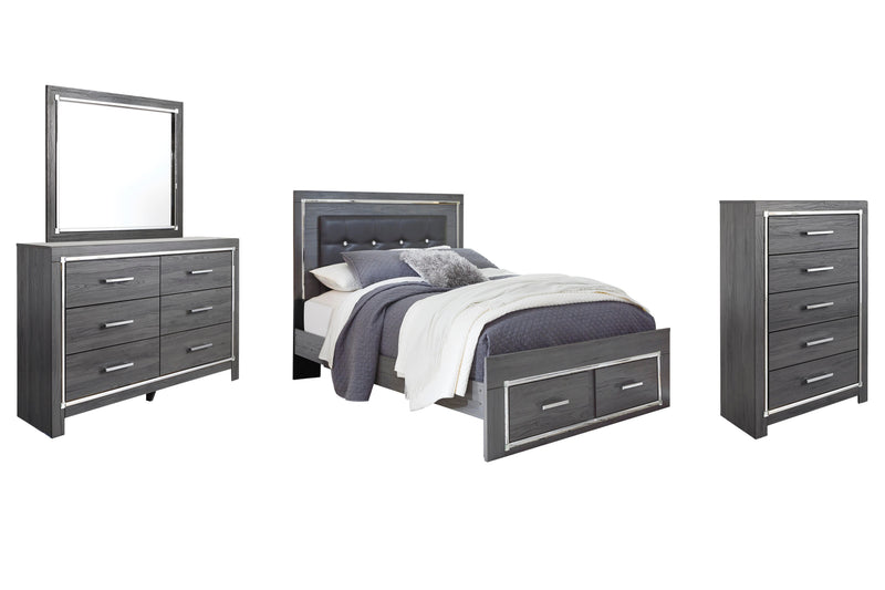 Lodanna Queen Panel Bed with 2 Storage Drawers with Mirrored Dresser and Chest in Gray - PKG003603