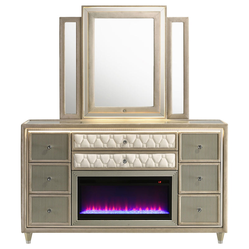 Lorient 8-drawer LED Flame Box Dresser and Mirror Ivory Camel - 222663FBM