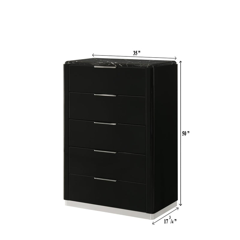 Lucia - 5 Drawers Black Chest with Faux Marble Top - B241-C