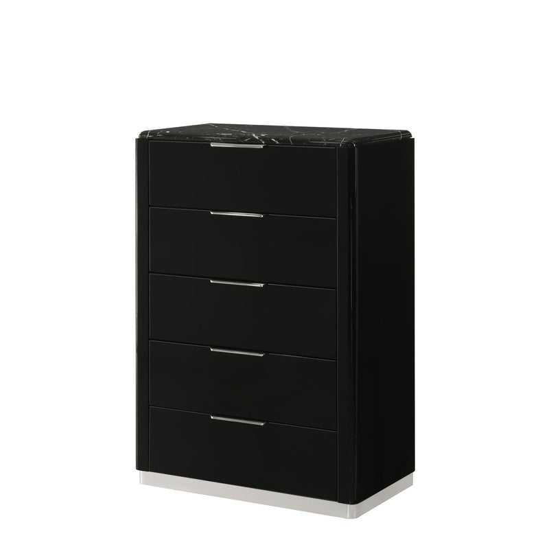 Lucia - 5 Drawers Black Chest with Faux Marble Top - B241-C