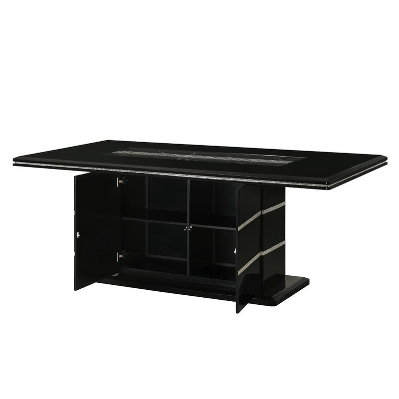 Lucia - Black Dining Table with Crystal-Accent Details, Glass Insert Top, and Storage Base - D199-Table