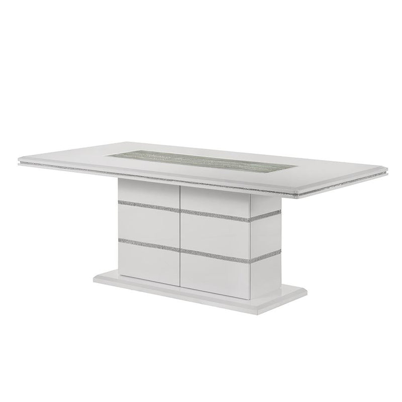 Lucia - White Dining Table with Crystal-Accent Details, Glass Insert Top, and Storage Base - D200-Table