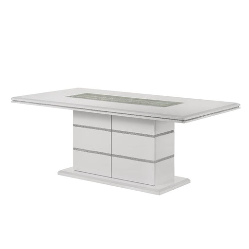 Lucia - White Dining Table with Crystal-Accent Details, Glass Insert Top, and Storage Base - D200-Table