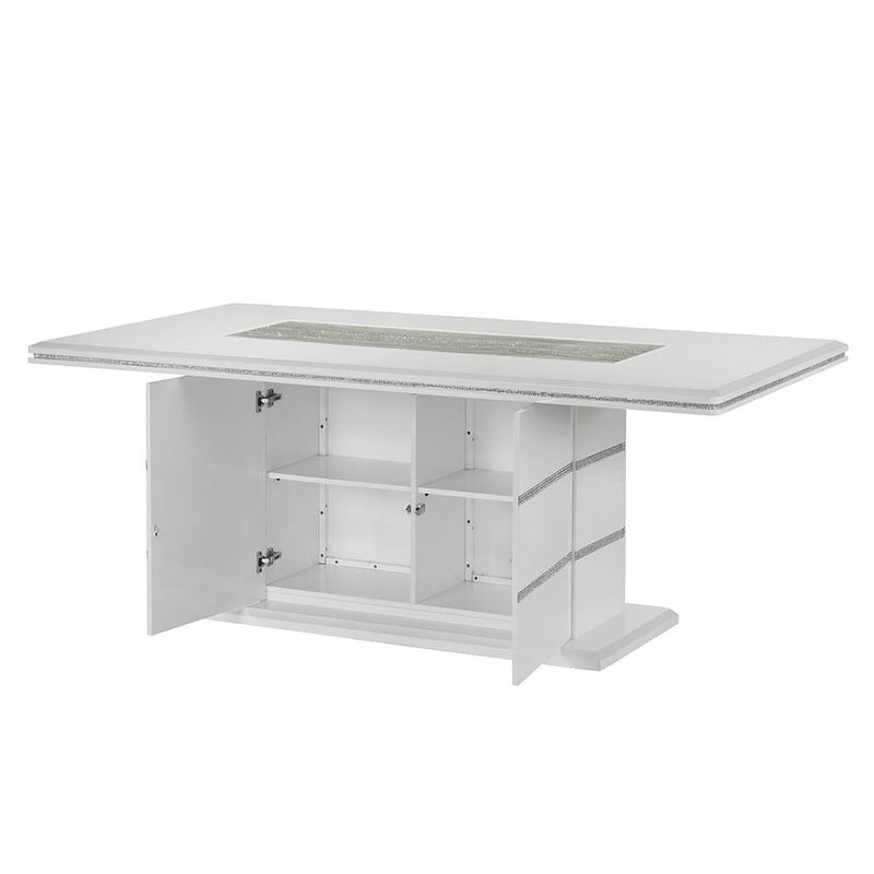 Lucia - White Dining Table with Crystal-Accent Details, Glass Insert Top, and Storage Base - D200-Table