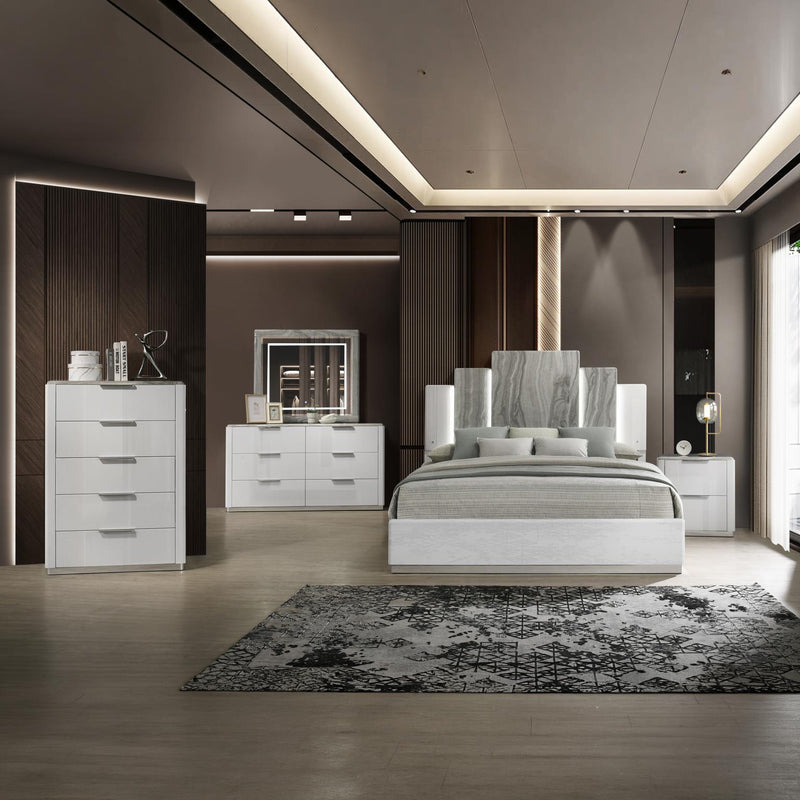 Lucia - White Queen Bed, Dresser, Mirror, Chest, Nightstand - B242-QDMCN