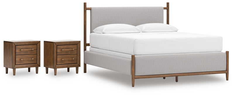 Lyncott California King Upholstered Bed with 2 Nightstands in Brown from Ashley - Lara Furniture