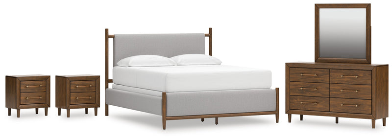 Lyncott California King Upholstered Bed with Mirrored Dresser and 2 Nightstands in Brown from Ashley - Lara Furniture