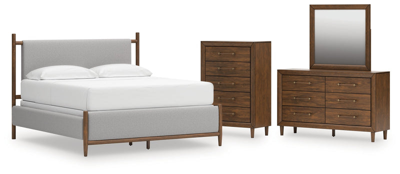 Lyncott California King Upholstered Bed with Mirrored Dresser and Chest in Brown from Ashley - Lara Furniture