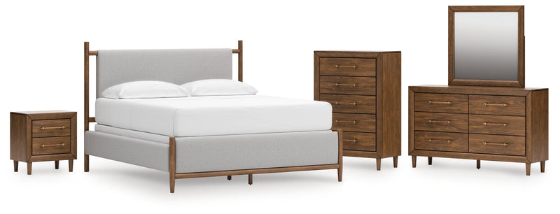 Lyncott California King Upholstered Bed with Mirrored Dresser, Chest and Nightstand in Brown from Ashley - Lara Furniture