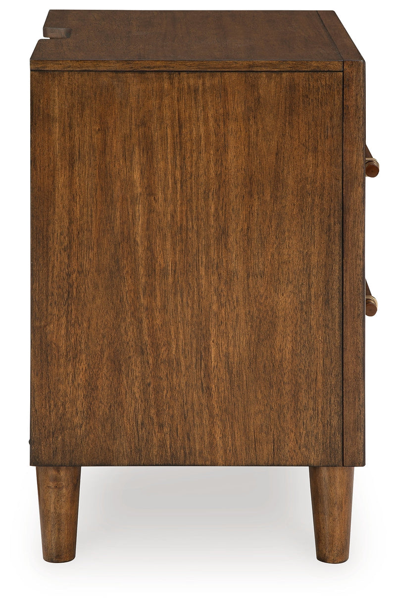 Lyncott California King Upholstered Bed with Mirrored Dresser, Chest and Nightstand in Brown from Ashley - Lara Furniture