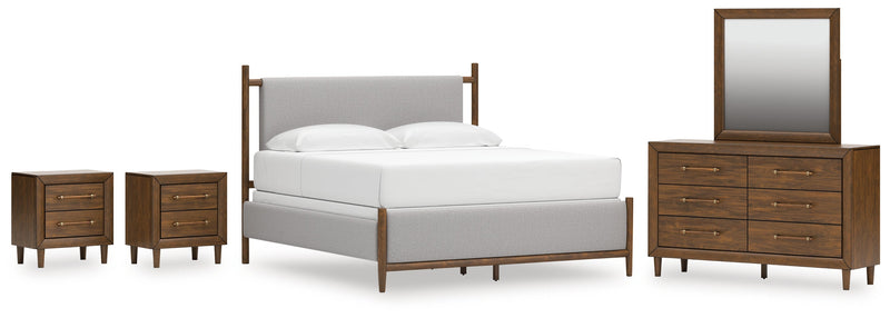 Lyncott King Upholstered Bed with Mirrored Dresser and 2 Nightstands in Brown from Ashley - Lara Furniture