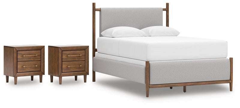 Lyncott Queen Upholstered Bed with 2 Nightstands in Brown from Ashley - Lara Furniture
