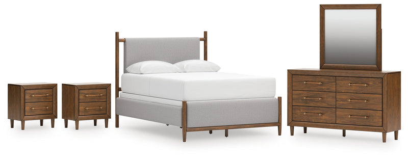 Lyncott Queen Upholstered Bed with Mirrored Dresser and 2 Nightstands in Brown from Ashley - Lara Furniture